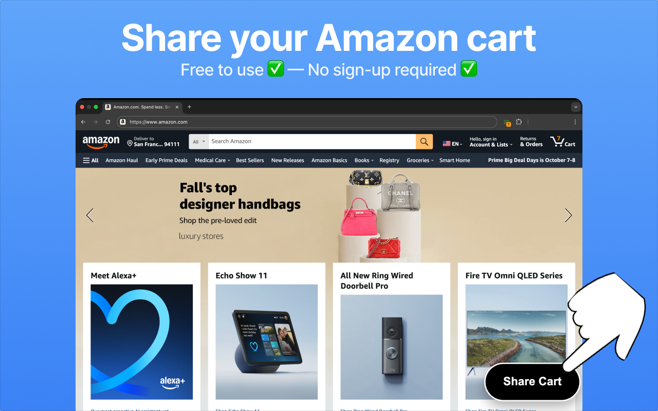 Share Amazon Cart Chrome extension, good for sharing Amazon Fresh carts and saved-for-later items.