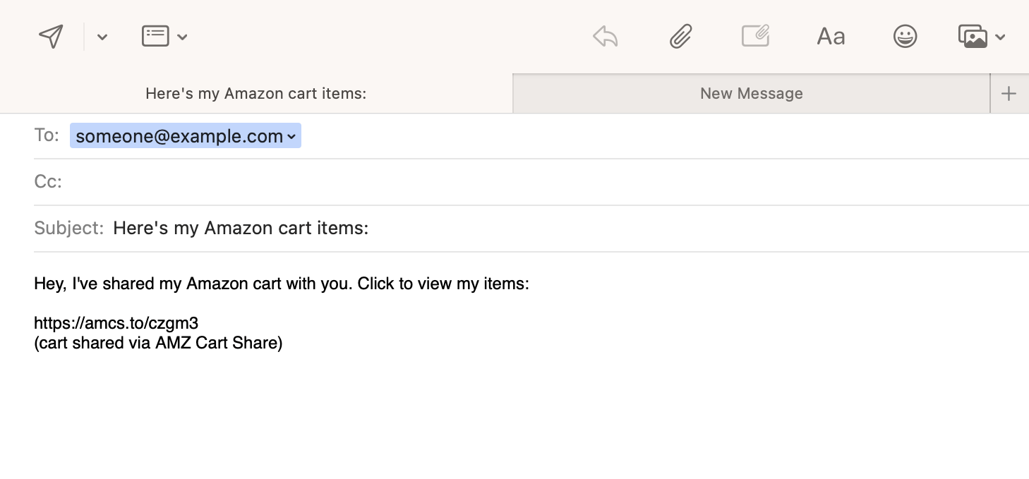 Example of emailing your Amazon cart to someone using the AMZ Cart Share extension.