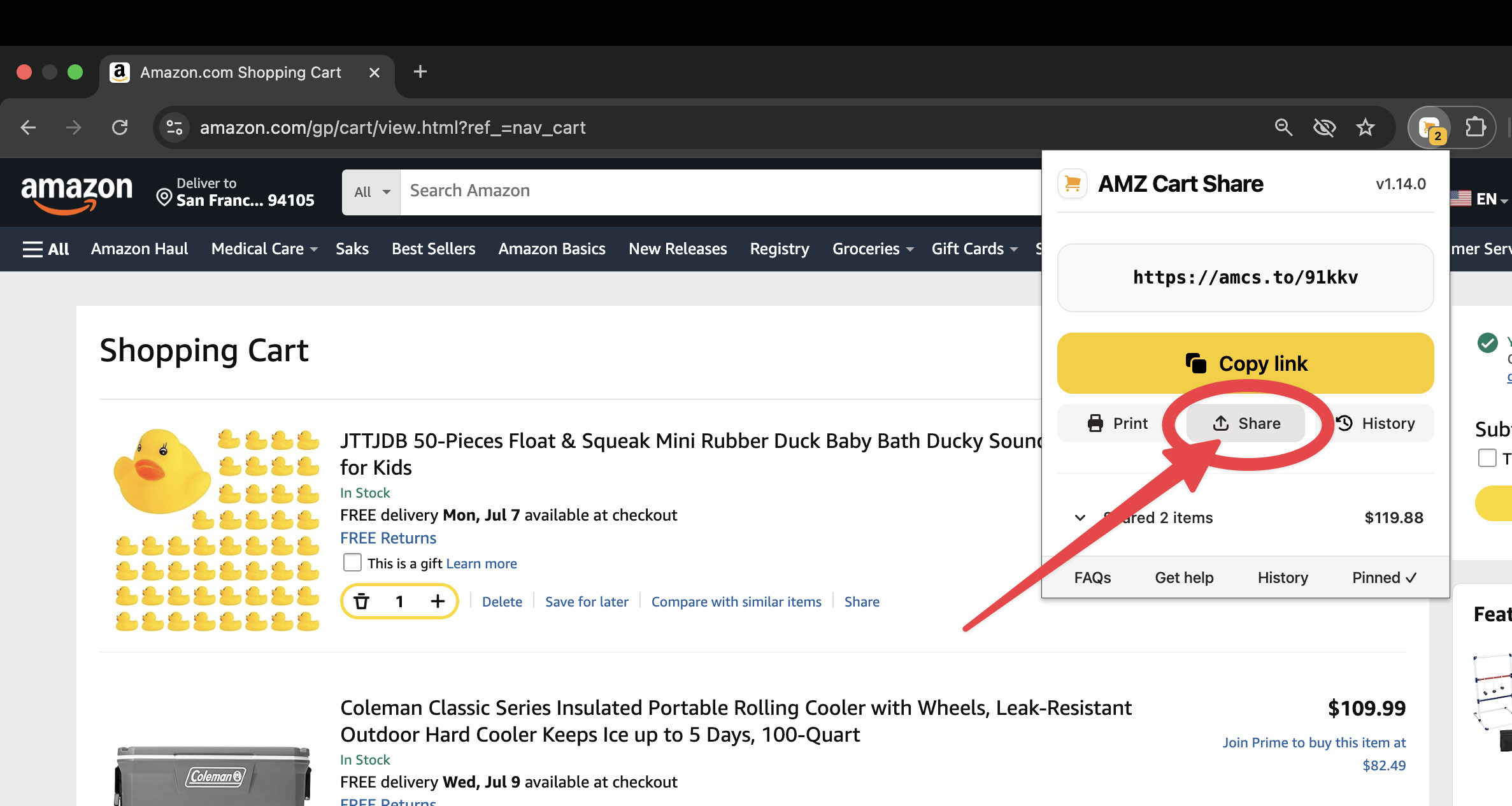 Click the 'Share' button in the AMZ Cart Share extension, then pick the 'Email' option. Alternatively, copy the link into an email directly.