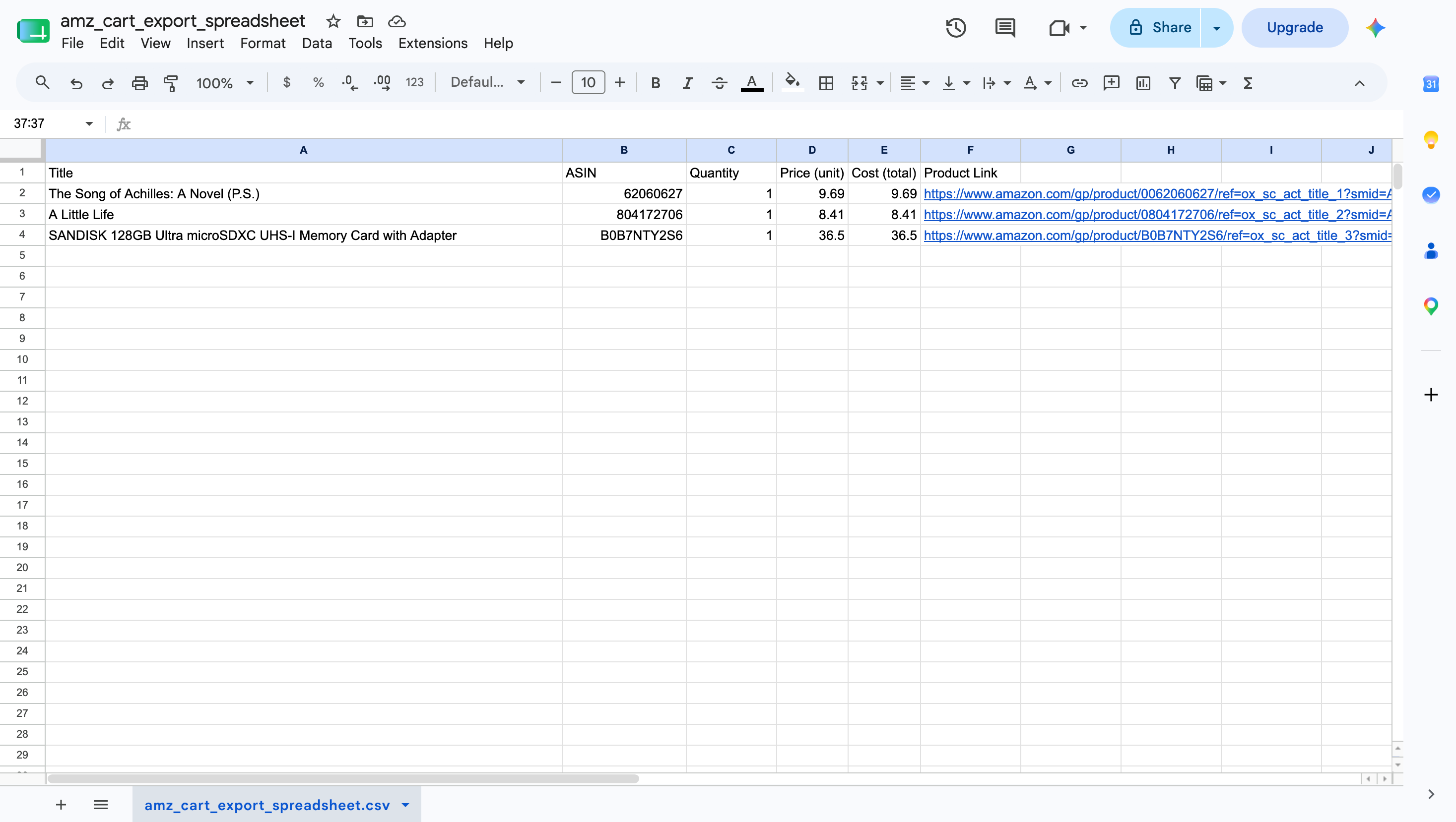 An exported Amazon cart spreadsheet opened in Google Sheets, showing item titles, ASINs, quantities, prices and product links.