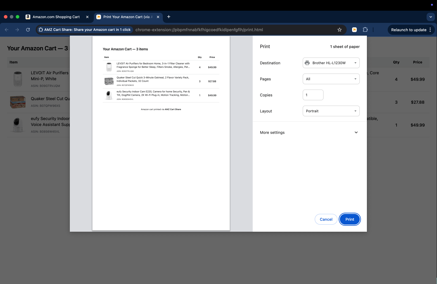 Example of printing your Amazon cart with AMZ Cart Share. Notice how the extension automatically generates a compact print-out of your cart items.
