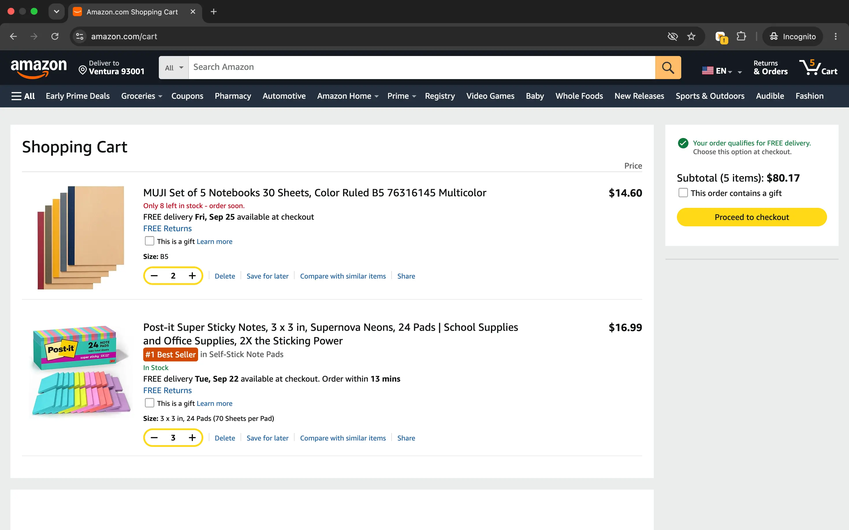 An Amazon shopping cart prepared for sharing, with quantities of two notebooks and three packs of sticky notes.