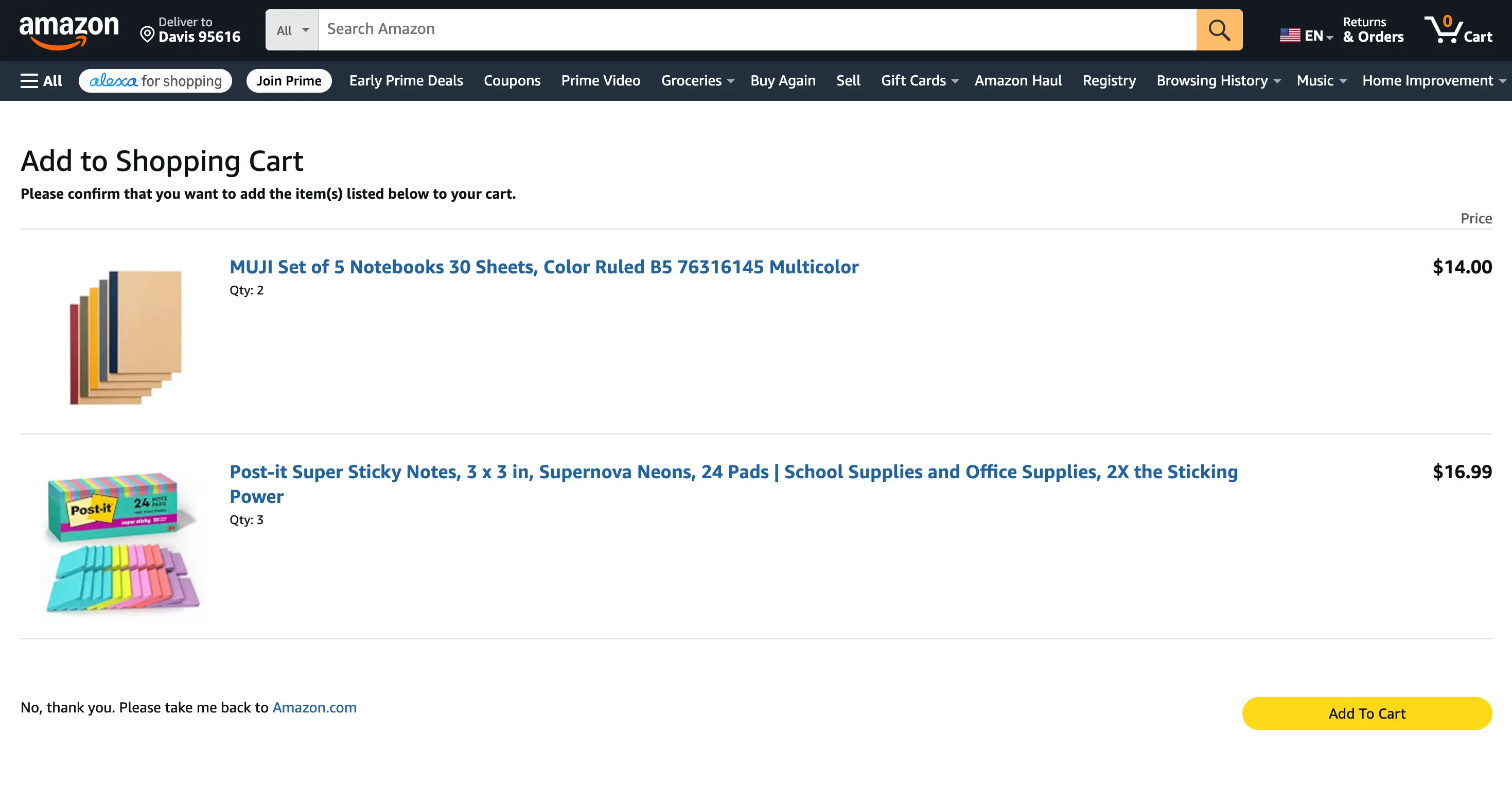 Amazon's Add to Shopping Cart confirmation page showing the shared products and quantities before they are added.