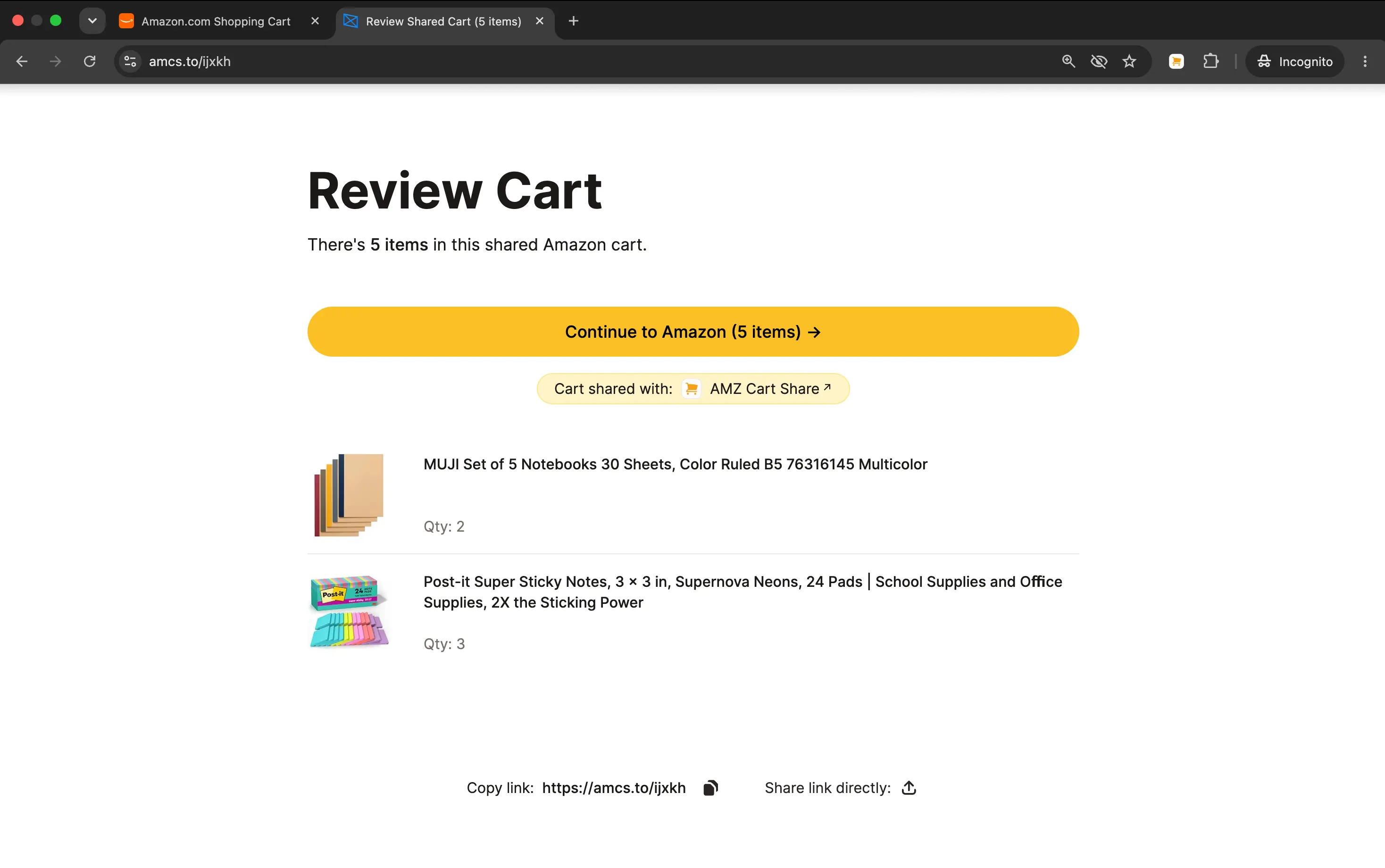 The AMZ Cart Share review page showing all the shared products from this shared cart.