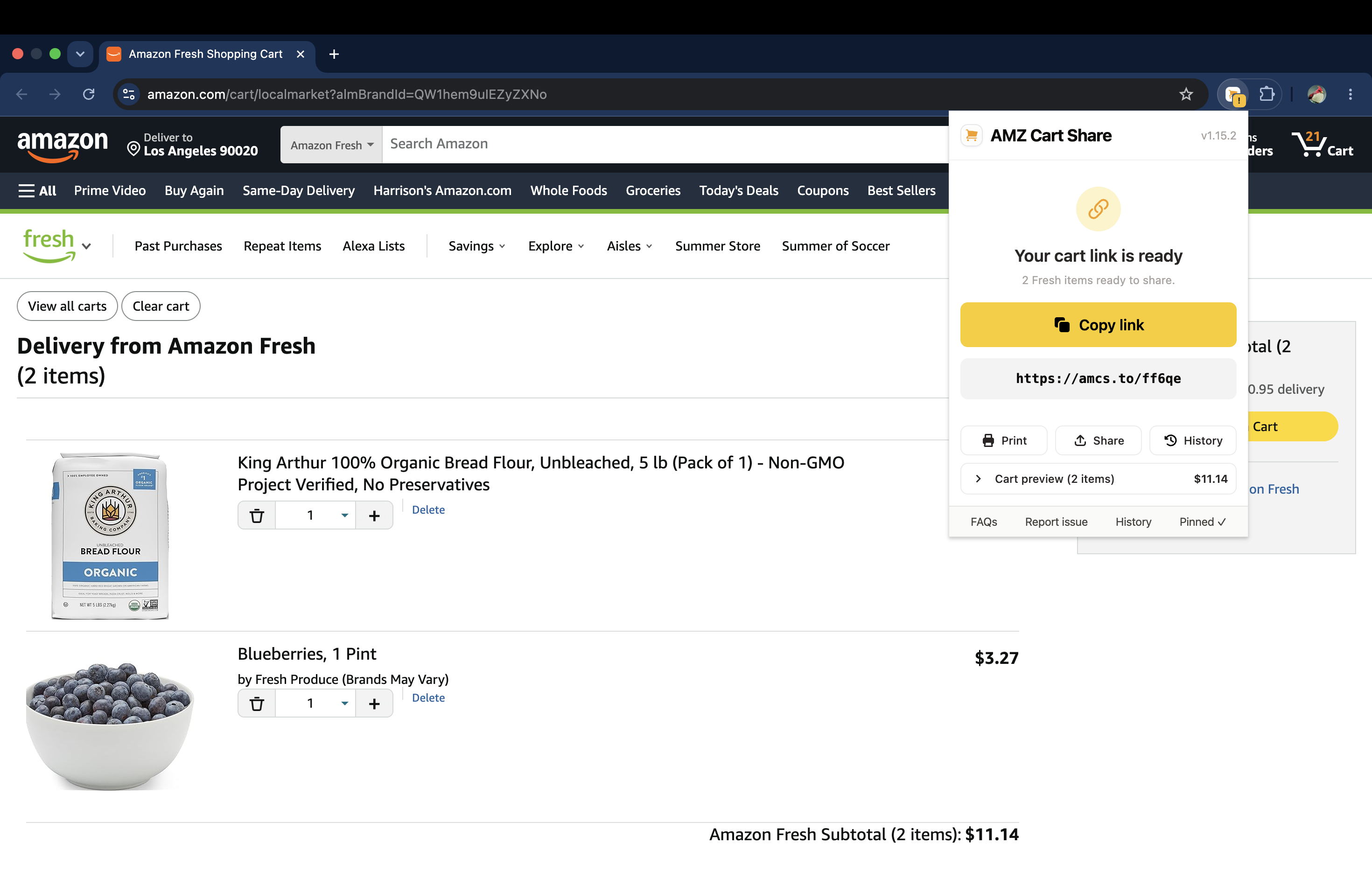 Sharing your Amazon Fresh grocery cart as a link using the AMZ Cart Share extension.