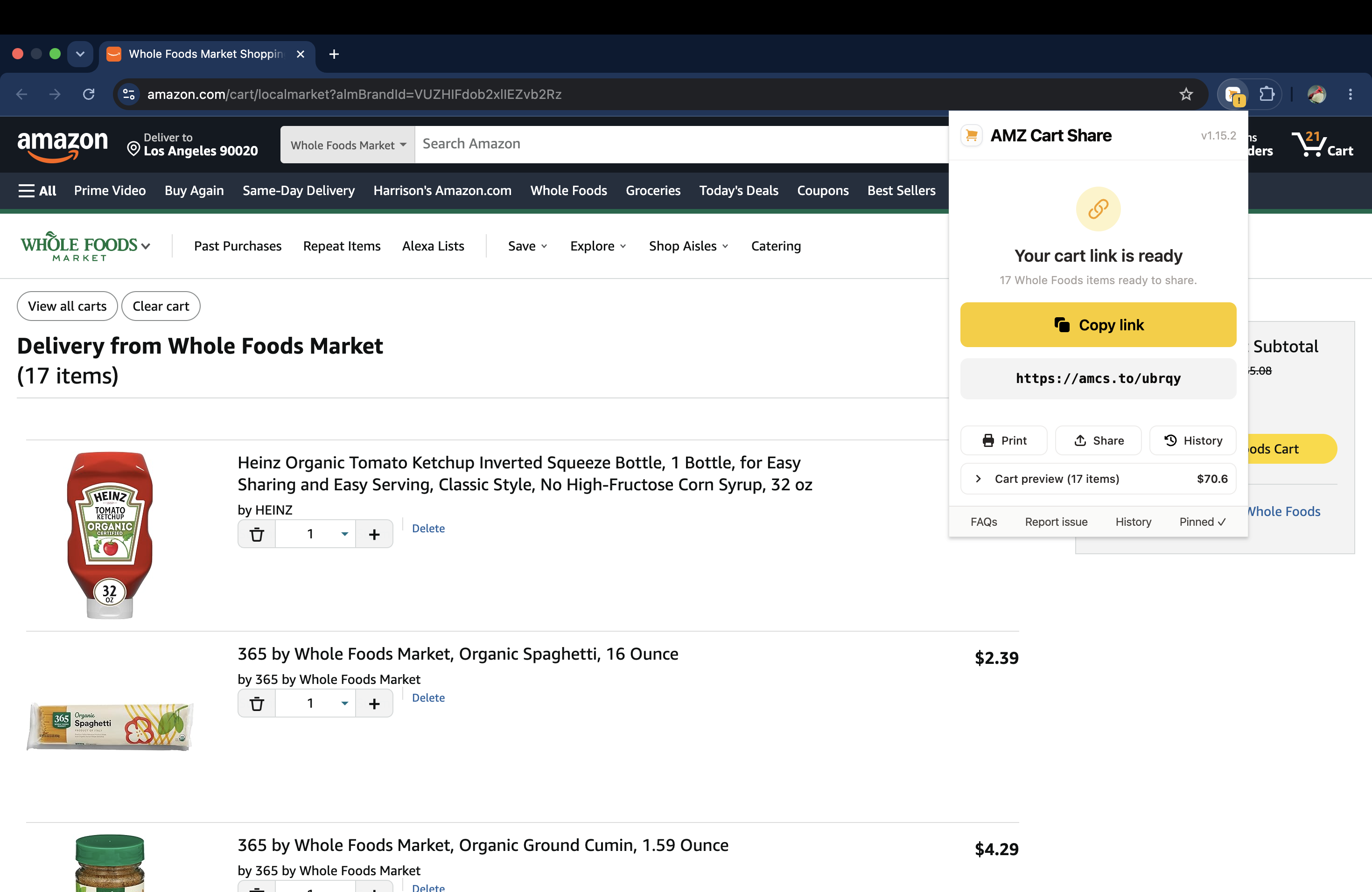 Share your Amazon Whole Foods cart as a link using the AMZ Cart Share extension.