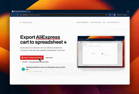 Install the Ali Cart Export extension from the Chrome web store. Our extension quickly exports your AliExpress cart items to a spreadsheet.