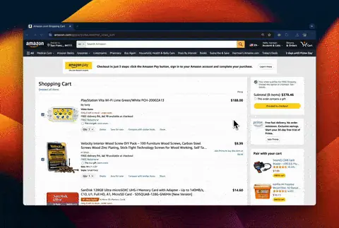 Visit your Amazon cart, then open our extension, click 'Export Cart CSV'. This will save a spreadsheet of your Amazon cart items, including their title, ASIN, price, quantity and product link.