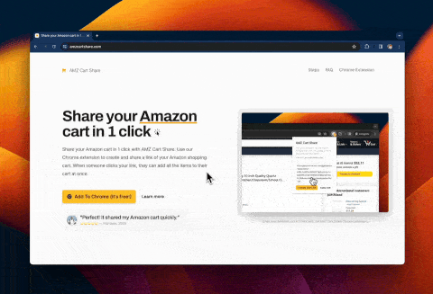 Start sharing your Amazon shopping cart by installing the AMZ Cart Share Chrome extension. It makes it easy to send your Amazon cart to someone.